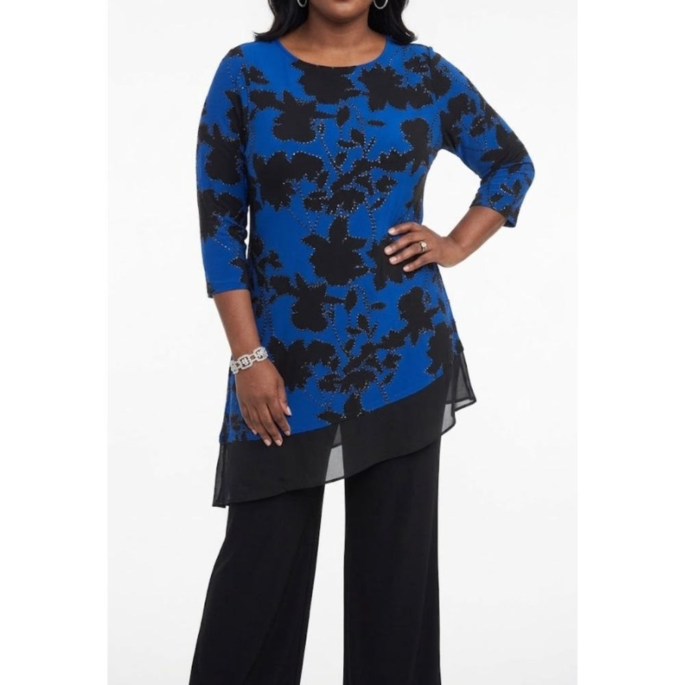 Susan Graver Tunic 1X Blue Floral Liquid Knit Asymmetrical Chiffon Hem Feminine